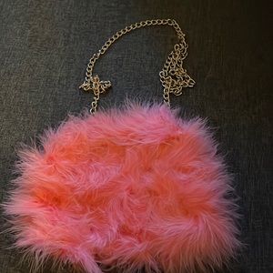 River island rabbit fur handbag with gold chain strap